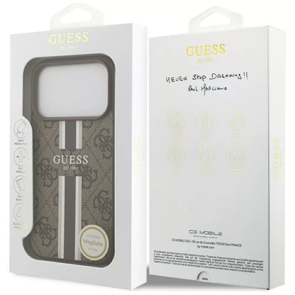 Guess 4G Spausdintos Juostelės MagSafe dėklas iPhone 17 Pro (rudas)