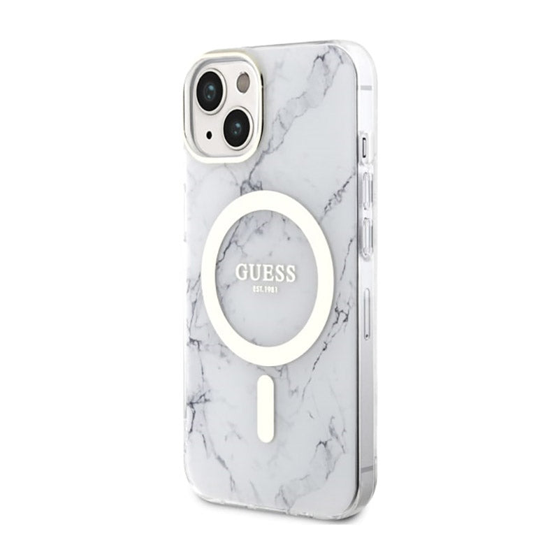 Guess Marble MagSafe – „iPhone 14 Plus“ dėklas („White“)