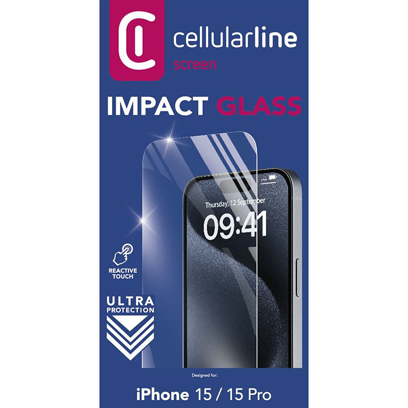 Cellularline Impact Glass - grūdintas apsauginis stiklas, skirtas „iPhone 15“ / „iPhone 15 Pro“