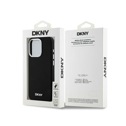 DKNY Liquid Silicone Small Metal Logo MagSafe – dėklas, skirtas iPhone 15 Pro (juodas)