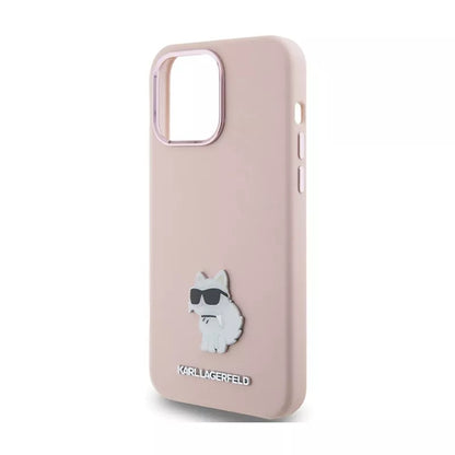 Karl Lagerfeld Silikoninis Choupette Metal Pin dėklas iPhone 15 Pro Max (rožinis)