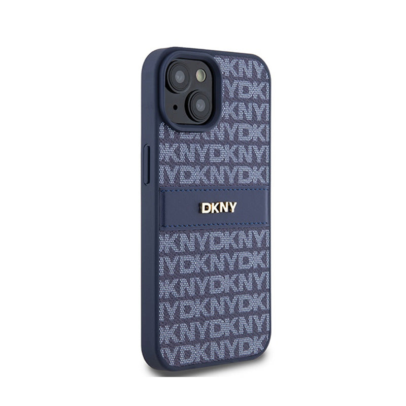 DKNY odos dėklas su vienspalve juostele ir metaliniu logotipu – skirtas iPhone 15 / 14 / 13 (mėlynas)