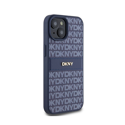 DKNY odos dėklas su vienspalve juostele ir metaliniu logotipu – skirtas iPhone 15 / 14 / 13 (mėlynas)