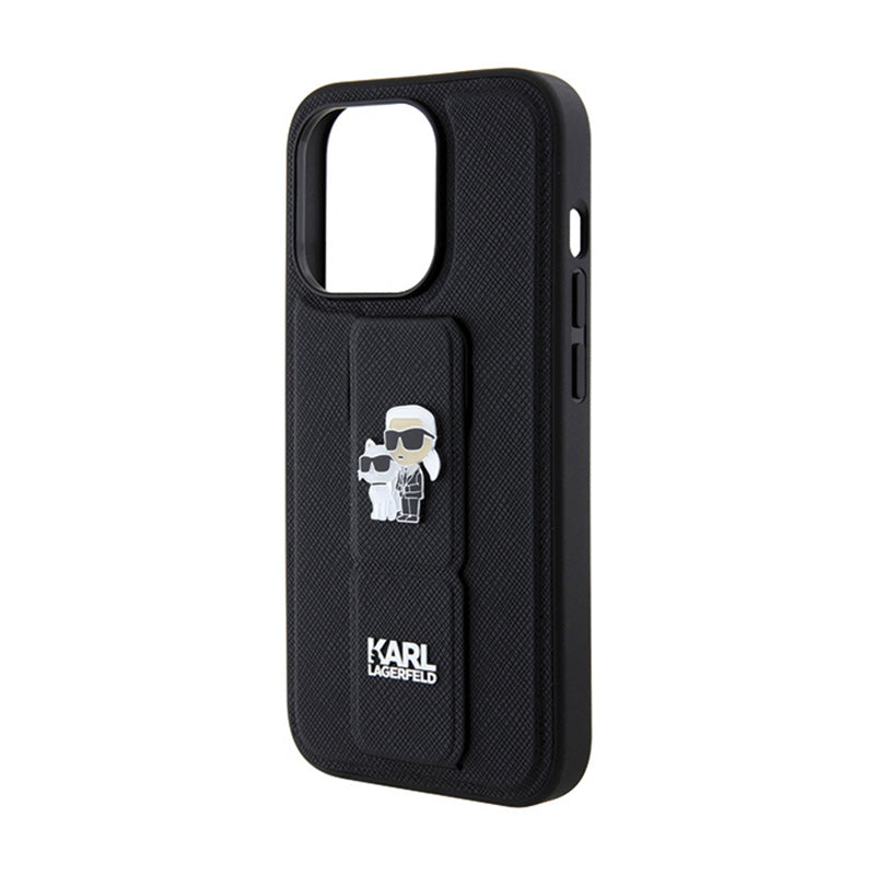 Karl Lagerfeld Gripstand Saffiano Karl & Choupette Pins - iPhone 14 Pro dėklas (juodas)
