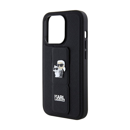 Karl Lagerfeld Gripstand Saffiano Karl & Choupette Pins - iPhone 14 Pro dėklas (juodas)