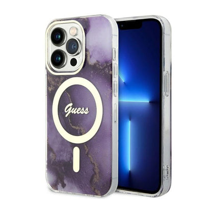 Guess Golden Marble MagSafe – dėklas, skirtas iPhone 14 Pro (Violetinė)
