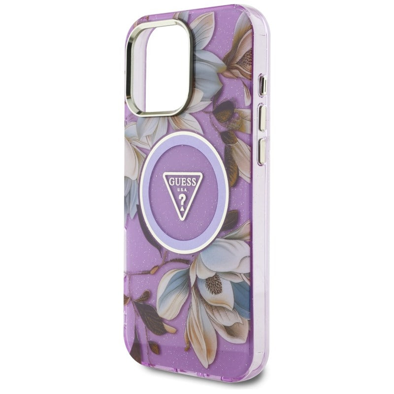 Guess Glitter Flowers Triangle Buttons MagSafe dėklas iPhone 16 Pro (violetinė)