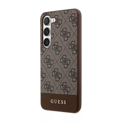 Guess 4G Bottom Stripe Metal Logo Collection - dėklas, skirtas Samsung Galaxy S23+ (rudos spalvos)