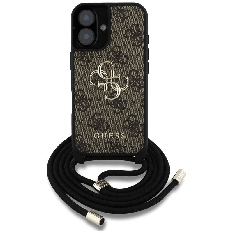 Guess 4G Big Logo Cord Strap Crossbody – dėklas, skirtas iPhone 16 Plus (rudas)