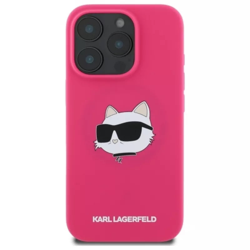 Karl Lagerfeld Silikoninis Choupette galvos atspaudas MagSafe - Dėklas iPhone 16 Pro (fuksijų spalvos)