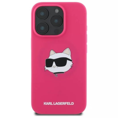 Karl Lagerfeld Silikoninis Choupette galvos atspaudas MagSafe - Dėklas iPhone 16 Pro (fuksijų spalvos)