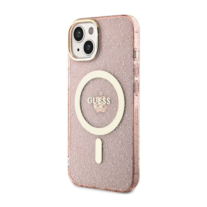Guess Glitter Gold MagSafe – dėklas, skirtas „iPhone 14 Plus“ (rožinis)