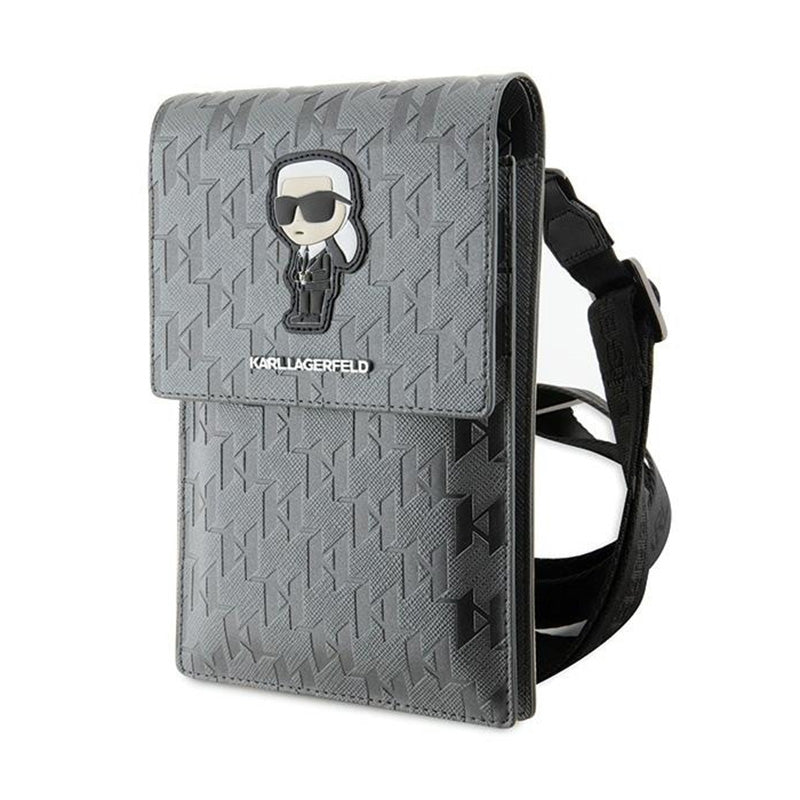 Karl Lagerfeld Saffiano Monogram Ikonik – Telefono krepšys per petį (sidabro spalvos)
