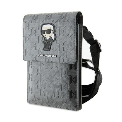 Karl Lagerfeld Saffiano Monogram Ikonik – Telefono krepšys per petį (sidabro spalvos)
