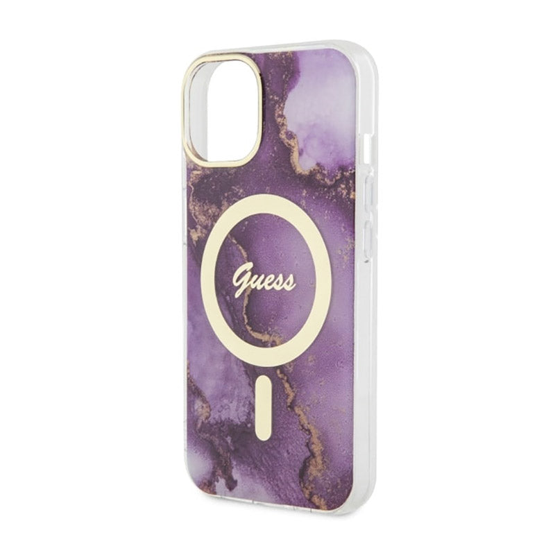 Guess Golden Marble MagSafe – Dėklas, skirtas „iPhone 14“ (Violetinis)