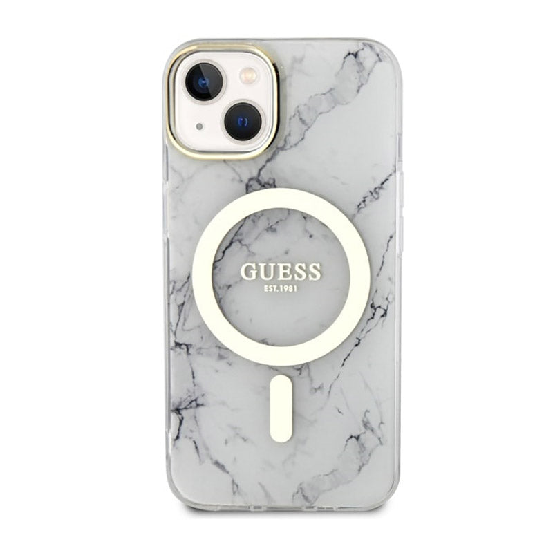 Guess Marble MagSafe – „iPhone 14 Plus“ dėklas („White“)