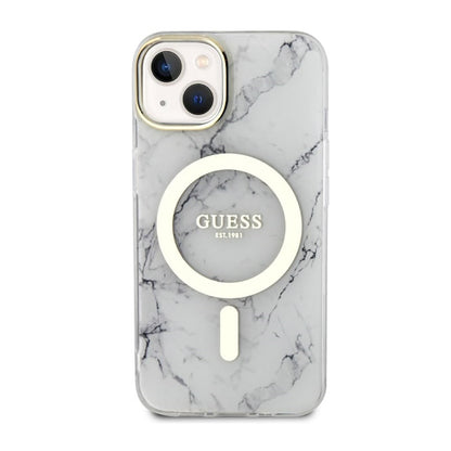 Guess Marble MagSafe – „iPhone 14 Plus“ dėklas („White“)