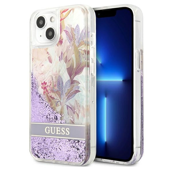 Guess Liquid Glitter Flower – „iPhone 13 mini“ dėklas (violetinis)