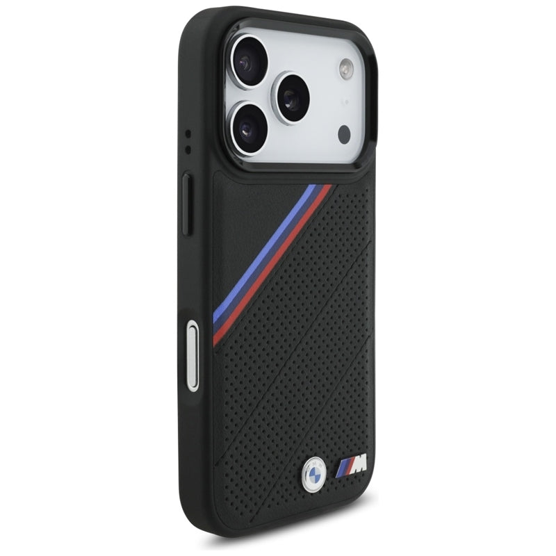 BMW M Tricolor Metal Logo MagSafe dėklas – iPhone 17 Pro (Juodas)