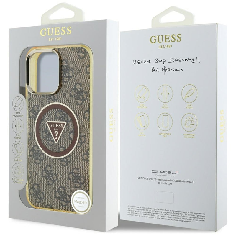 Guess IML Metal Glitter 4G Circle Triangle MagSafe – dėklas, skirtas iPhone 16 Pro Max (rudas)