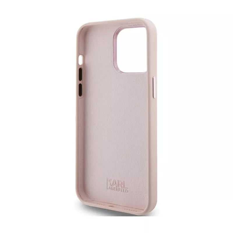 Karl Lagerfeld Silikoninis Choupette Metal Pin dėklas iPhone 15 Pro Max (rožinis)