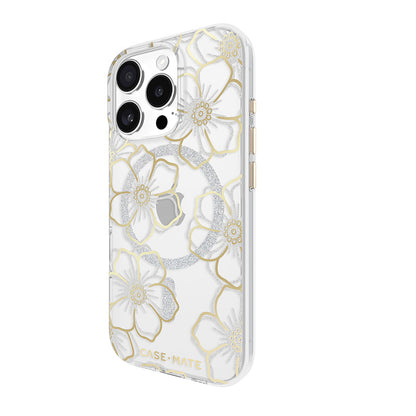 Case-Mate Floral Gems dėklas su MagSafe, skirtas iPhone 16 Pro (auksinis)