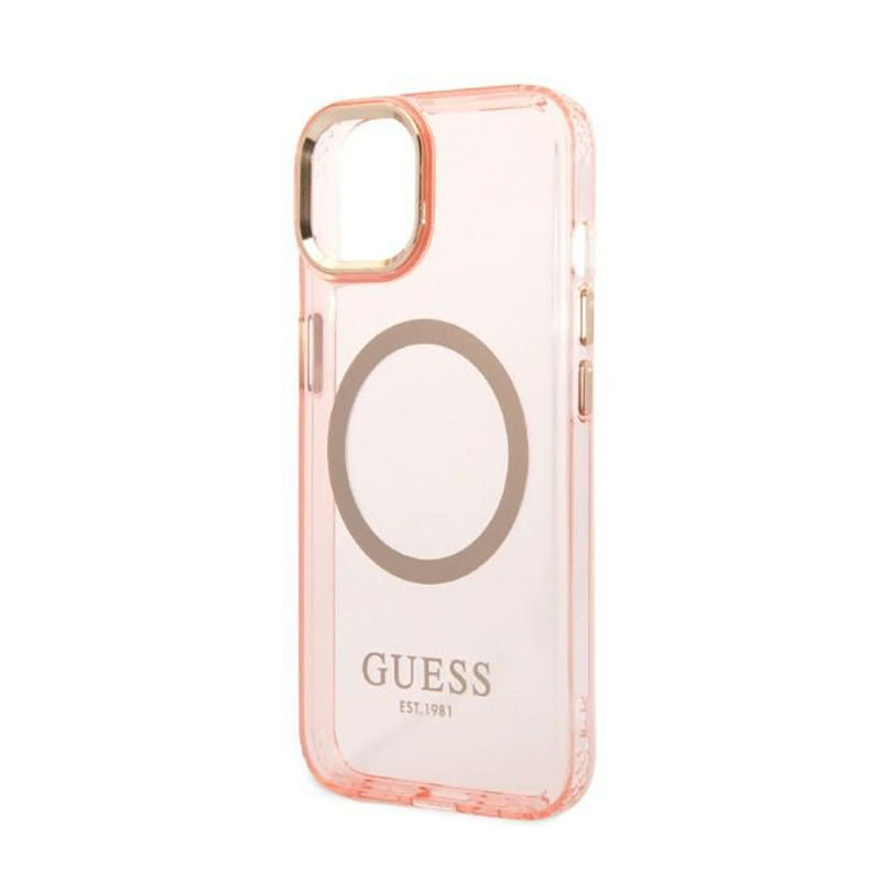 Guess Gold Outline Translucent MagSafe - dėklas, skirtas iPhone 14 Plus (rožinis)