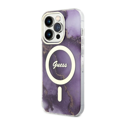 Guess Golden Marble MagSafe – dėklas, skirtas iPhone 14 Pro (Violetinė)