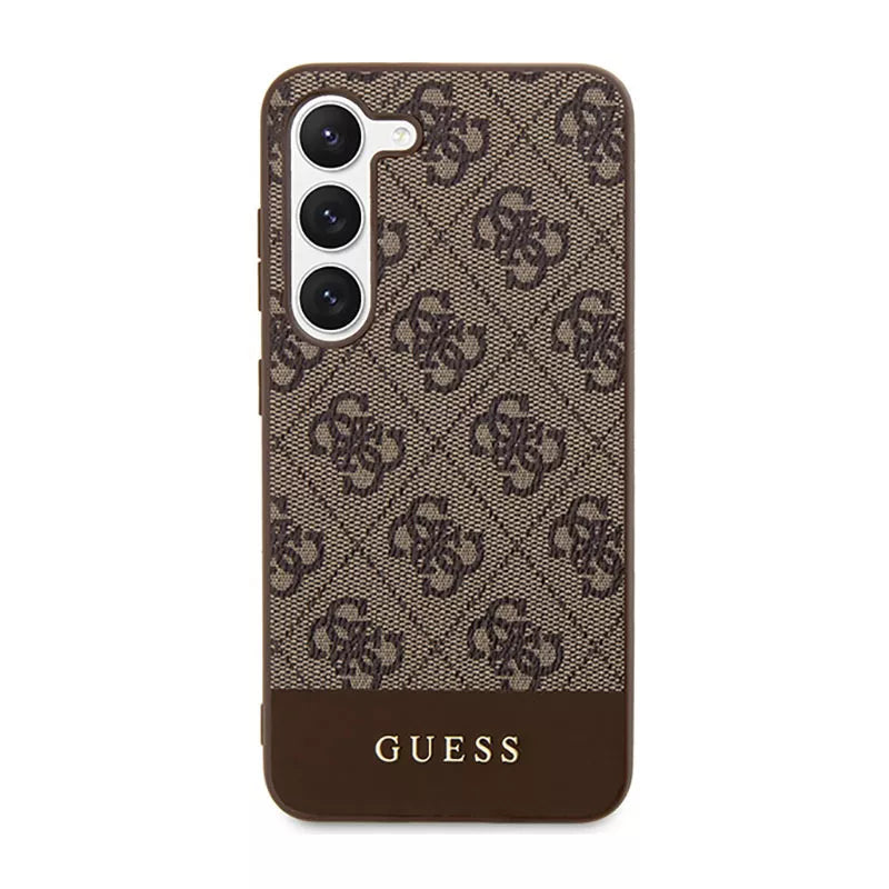 Guess 4G Bottom Stripe Metal Logo Collection - dėklas, skirtas Samsung Galaxy S23+ (rudos spalvos)
