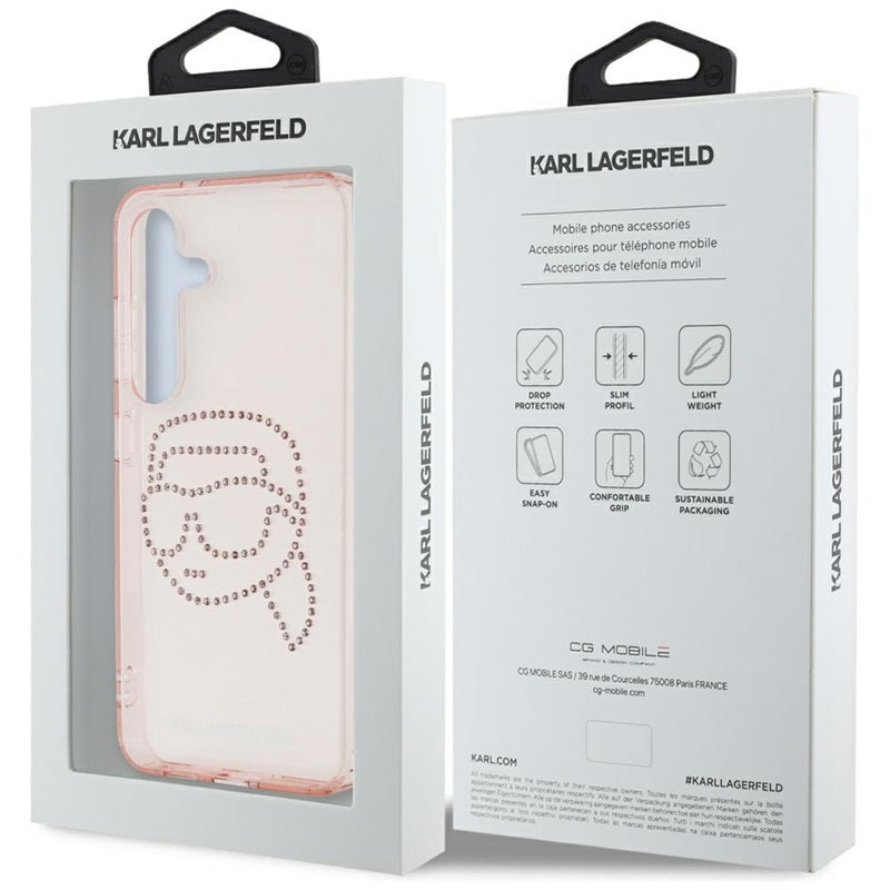 Karl Lagerfeld Dėklas skirtas Samsung Galaxy S25 su Karl galvos logotipu ir akmenukais (Rožinis)