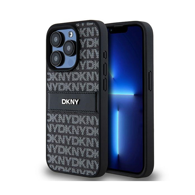DKNY odinis dėklas su vienspalve juosta ir metaliniu logotipu – iPhone 15 Pro dėklas (juodas)