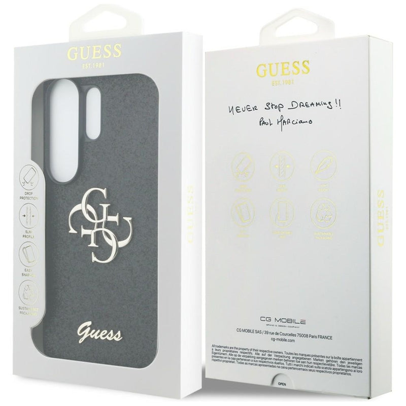 Guess Fixed Glitter Big 4G Metal Logo dėklas - Samsung Galaxy S26 Ultra (Juodas)