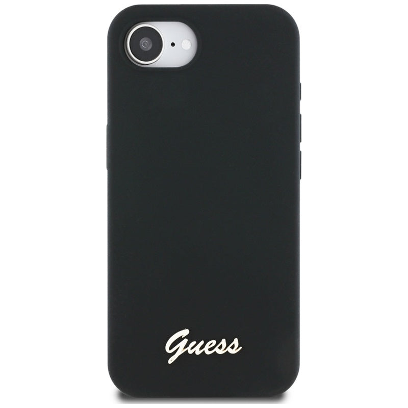 Guess Silicone Script Metal Logo MagSafe – dėklas, skirtas „iPhone 16e“ (juoda)