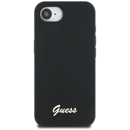 Guess Silicone Script Metal Logo MagSafe – dėklas, skirtas „iPhone 16e“ (juoda)