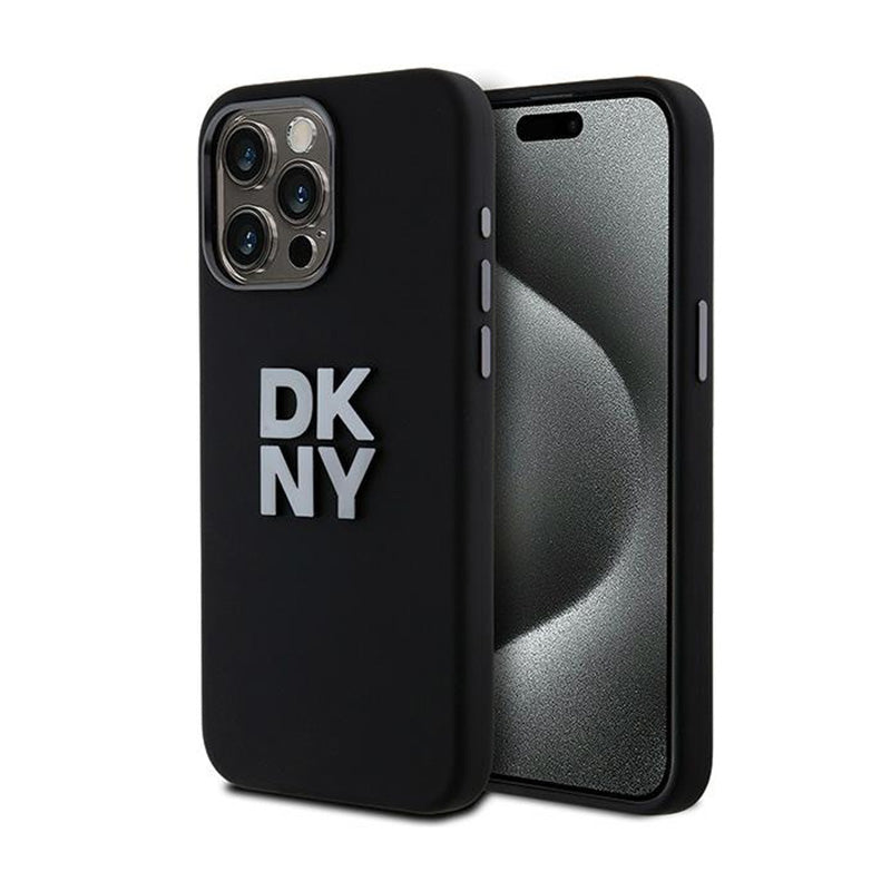 DKNY skysto silikono dėklas su metaliniu logotipu – skirtas iPhone 15 Pro Max (juodas)