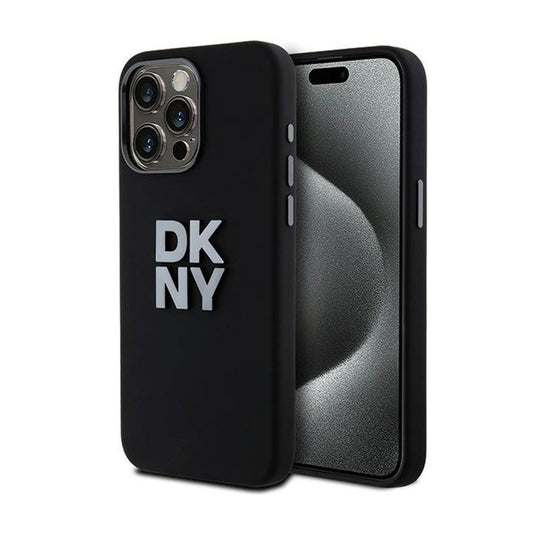 DKNY skysto silikono dėklas su metaliniu logotipu – skirtas iPhone 15 Pro Max (juodas)