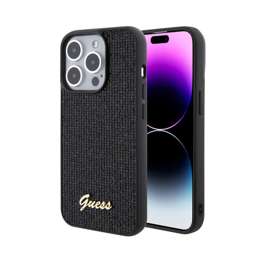 Guess Disco Metal Script – dėklas, skirtas iPhone 15 Pro, juodas