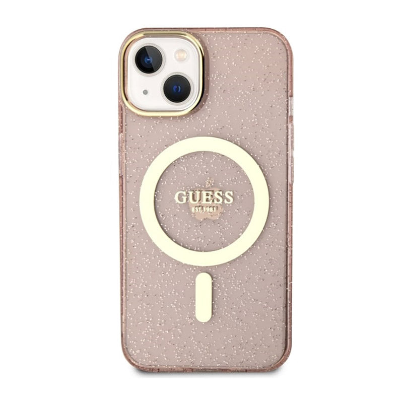 Guess Glitter Gold MagSafe – dėklas, skirtas „iPhone 14 Plus“ (rožinis)