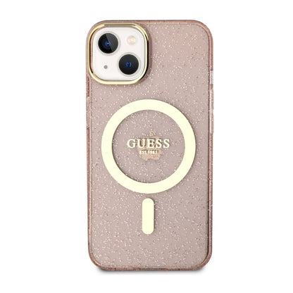 Guess Glitter Gold MagSafe – dėklas, skirtas „iPhone 14 Plus“ (rožinis)