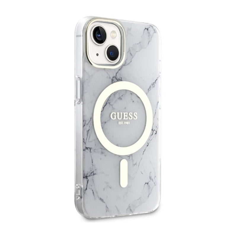 Guess Marble MagSafe – „iPhone 14 Plus“ dėklas („White“)