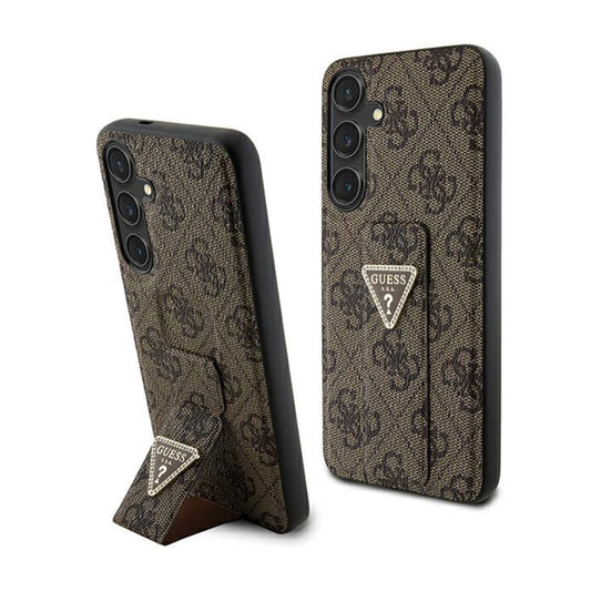Guess Grip Stand 4G Triangle Strass Logo – dėklas „Samsung Galaxy S24“ (rudas)