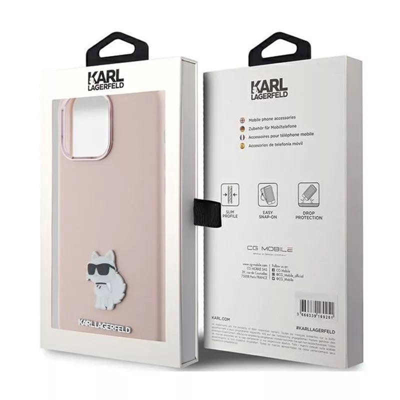 Karl Lagerfeld Silikoninis Choupette Metal Pin dėklas iPhone 15 Pro Max (rožinis)