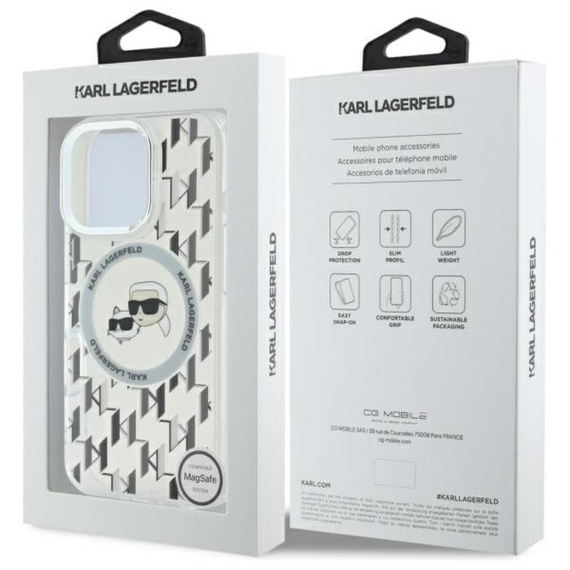 Karl Lagerfeld IML Monogram Karl & Choupette Head MagSafe – dėklas iPhone 16 Pro (skaidrus)