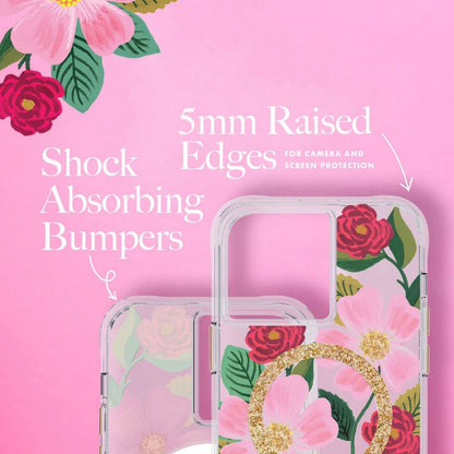 Rifle Paper Clear MagSafe - dėklas dekoruotas auksu, skirtas iPhone 14 / iPhone 13 (Rose Garden)
