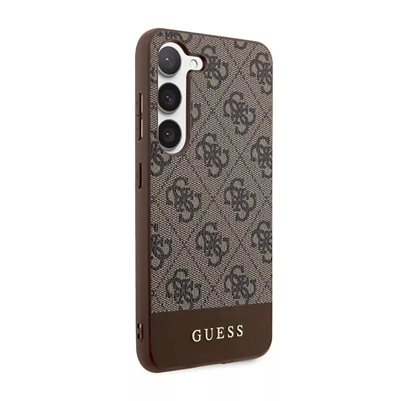Guess 4G Bottom Stripe Metal Logo Collection - dėklas, skirtas Samsung Galaxy S23+ (rudos spalvos)