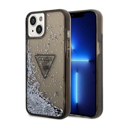 Guess Liquid Glitter Triangle Logo dėklas – dėklas, skirtas iPhone 14 Plus (juodas)
