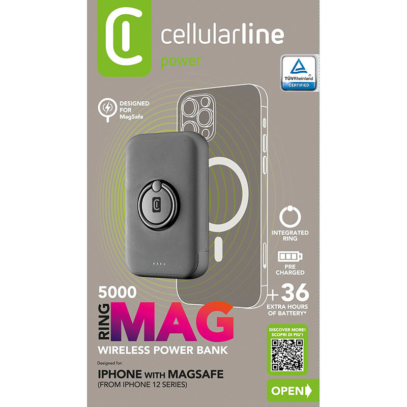 Cellularline Ring MAG 5000 – 5000 mAh 7.5W „MagSafe“ indukcinis išorinis akumuliatorius su stovu (juodas)