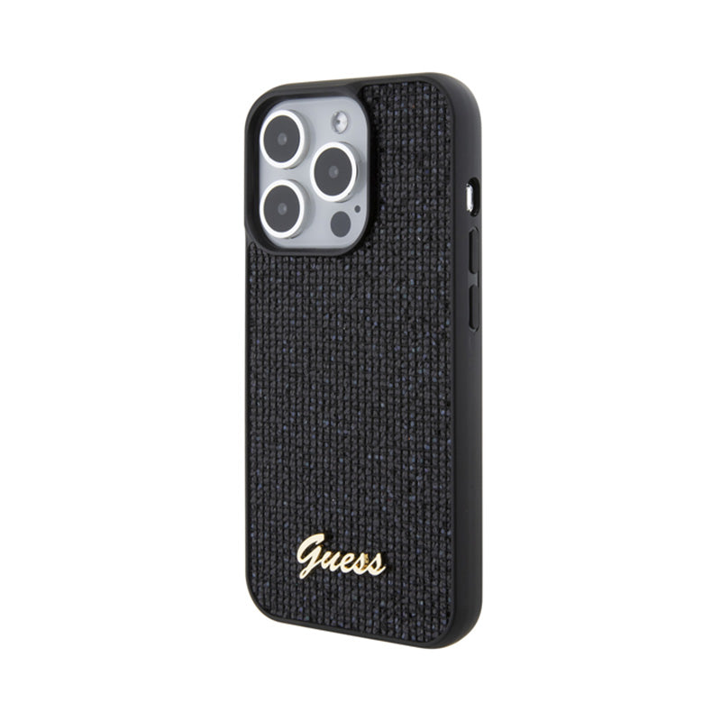 Guess Disco Metal Script – dėklas, skirtas iPhone 15 Pro, juodas