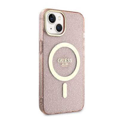 Guess Glitter Gold MagSafe – dėklas, skirtas „iPhone 14 Plus“ (rožinis)