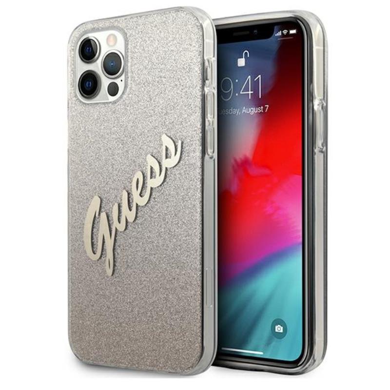 Guess Glitter Gradient Script – dėklas iPhone 12 Pro Max (aukso)